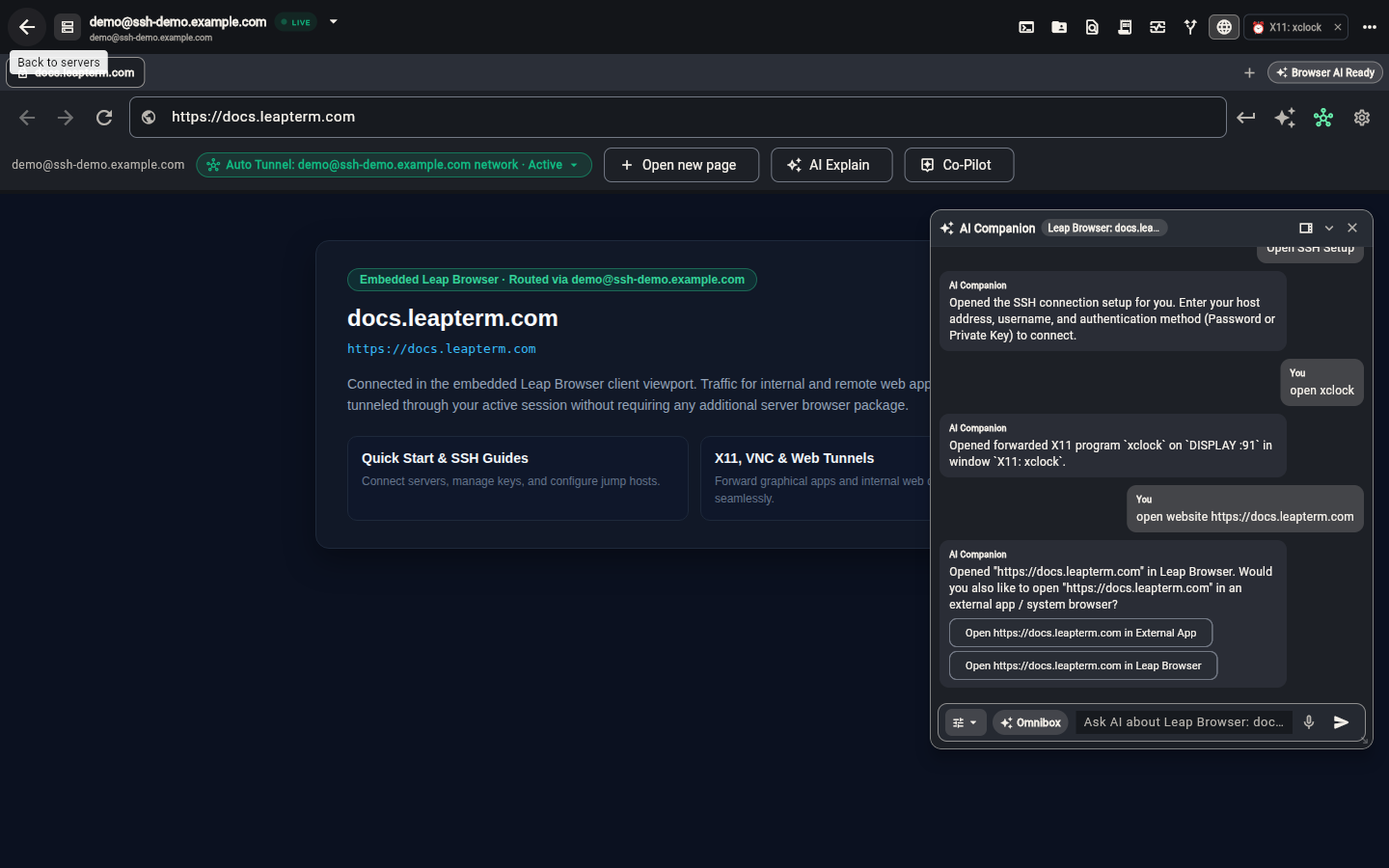 Opening a website in the embedded Leap Browser via the AI companion with an option to open in an external browser