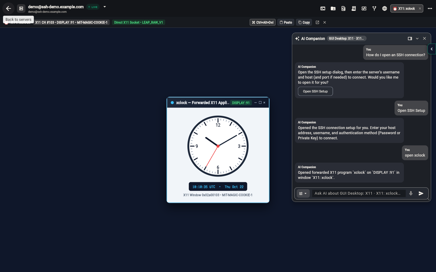 Asking the AI companion to open xclock, which opens via X11 by default with a clean icon-only dock button