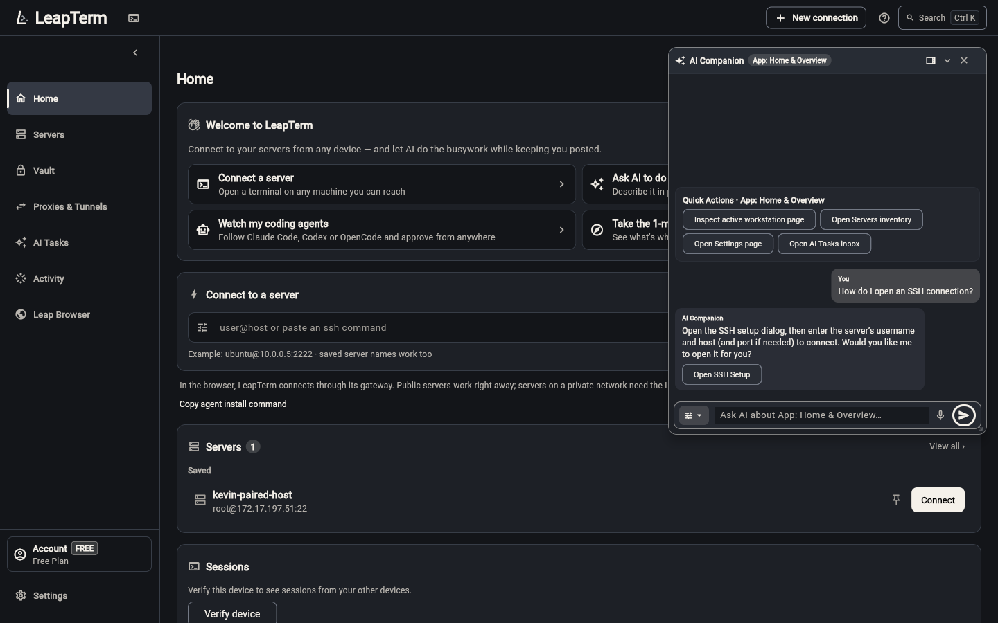 Asking how to open an SSH connection on the Home screen and receiving an offer from the AI companion to open the setup dialog