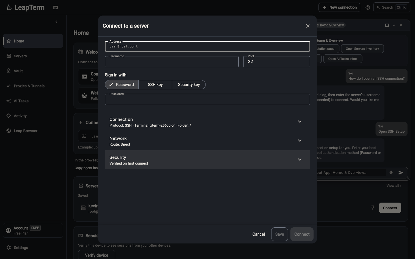 Replying yes so the AI companion automatically opens the New Session SSH setup dialog