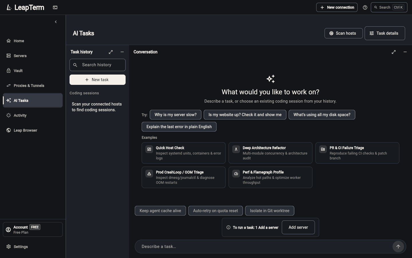 AI Tasks page showing a single unified composer bar at the bottom