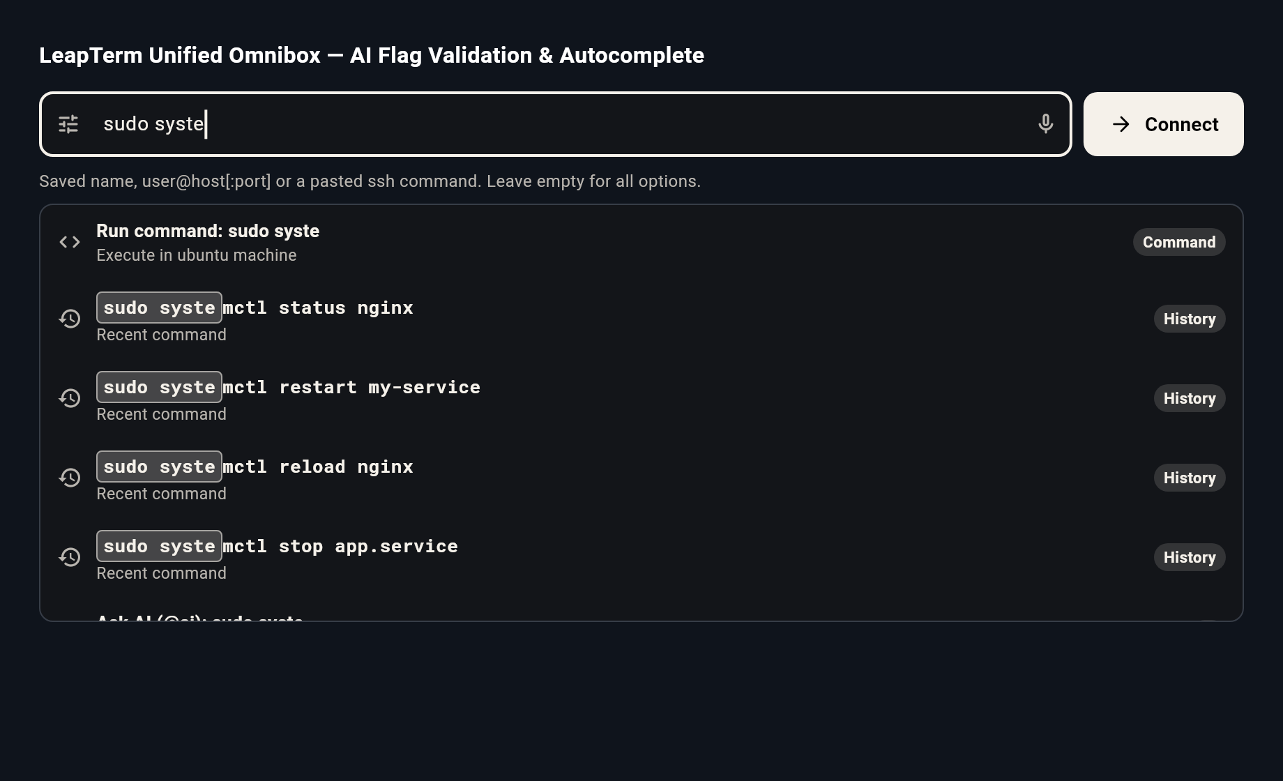 Omnibox showing recent command history suggestions with highlighted match pills