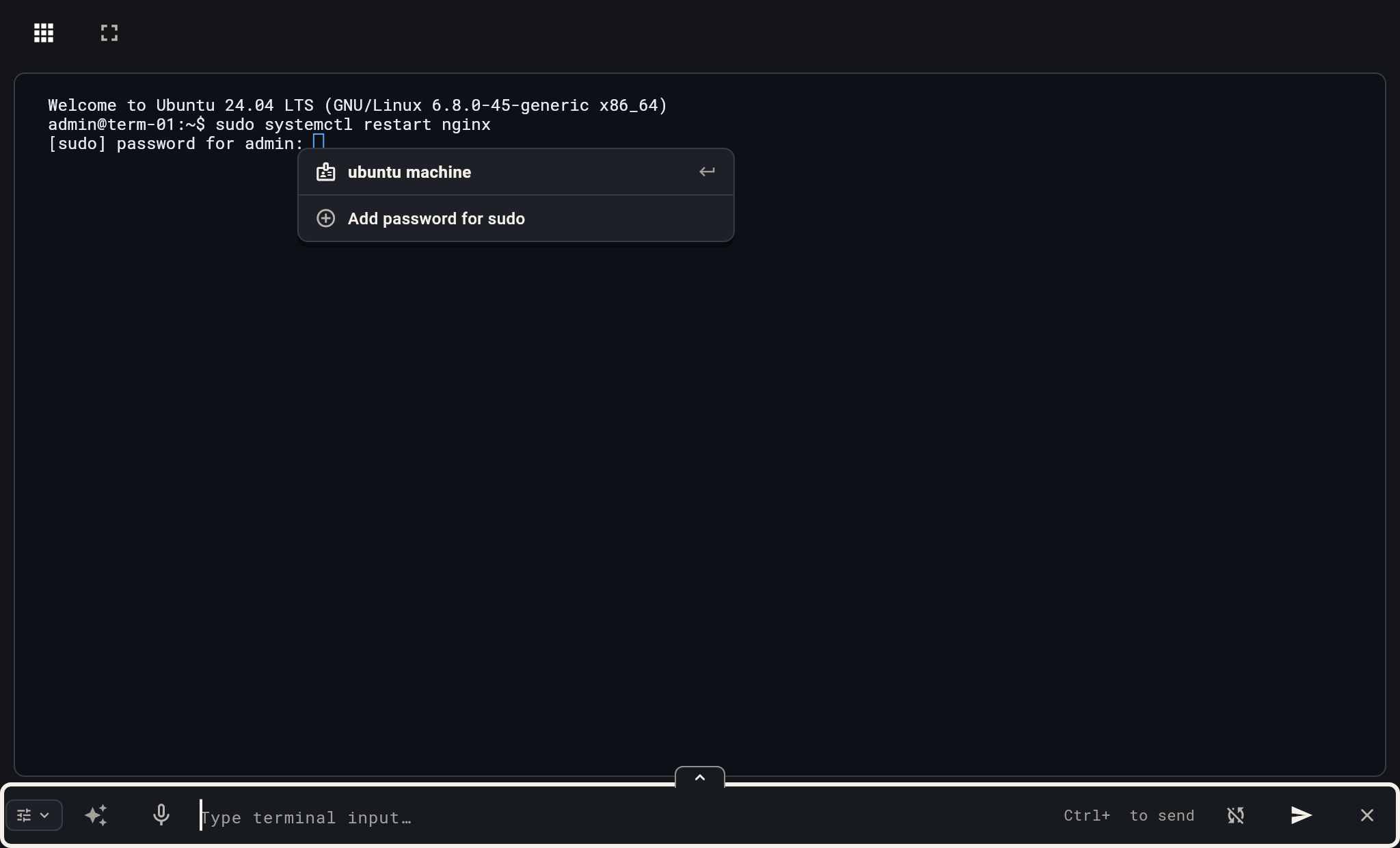Terminal showing saved server identity and sudo password autofill when prompted by sudo