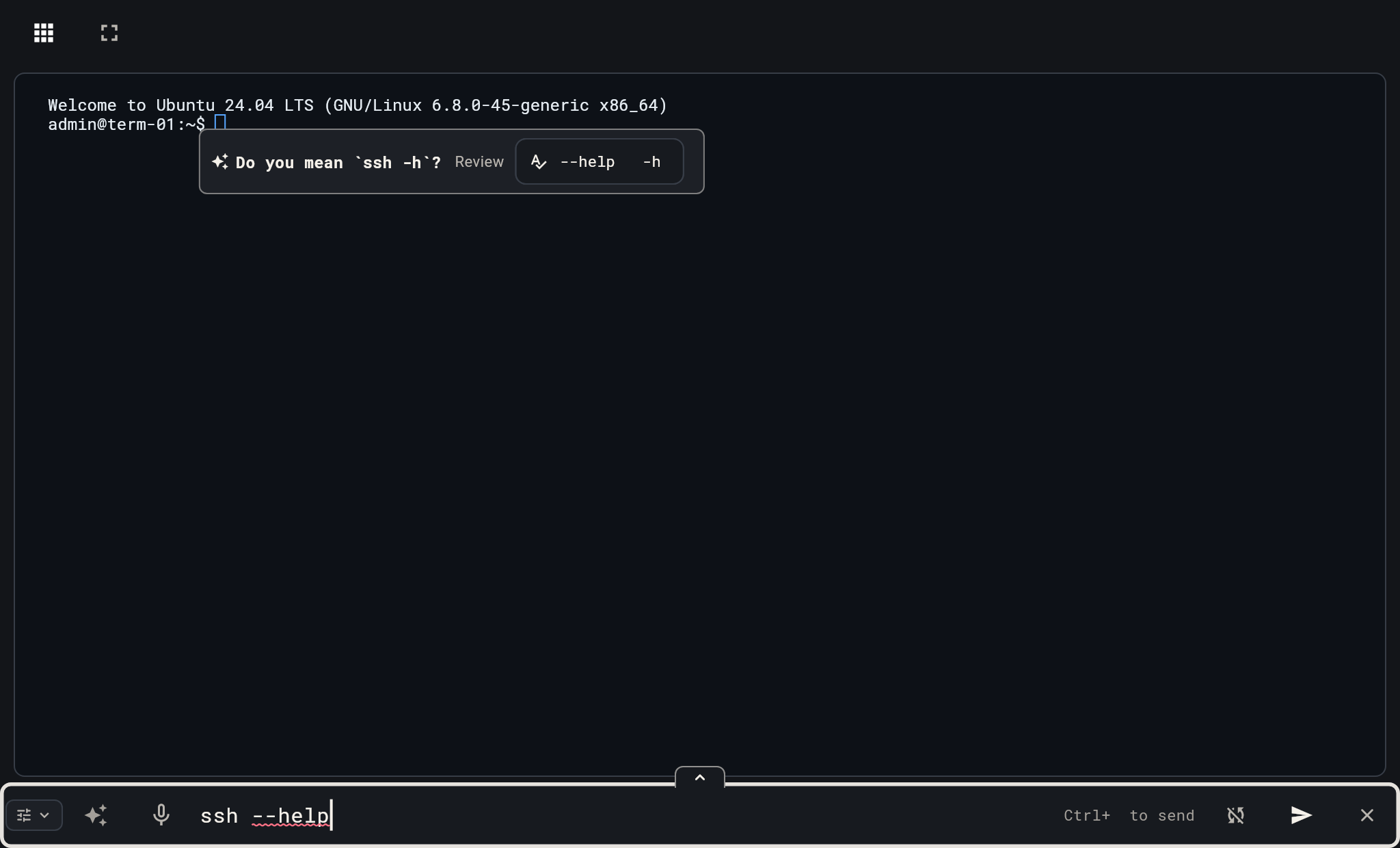 Terminal input showing a clickable Do you mean ssh -h suggestion above the prompt