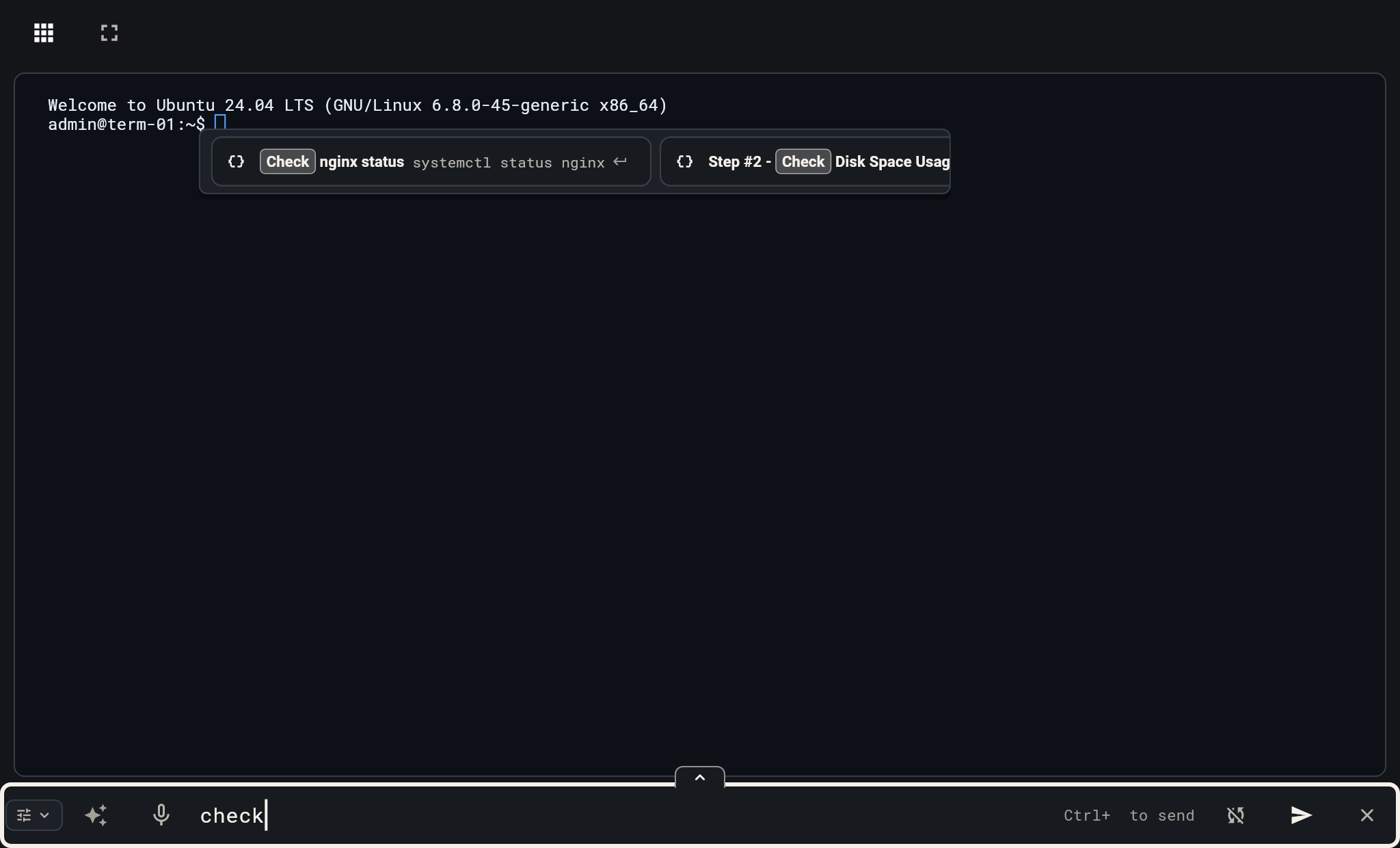 Terminal showing floating saved snippet completions while typing