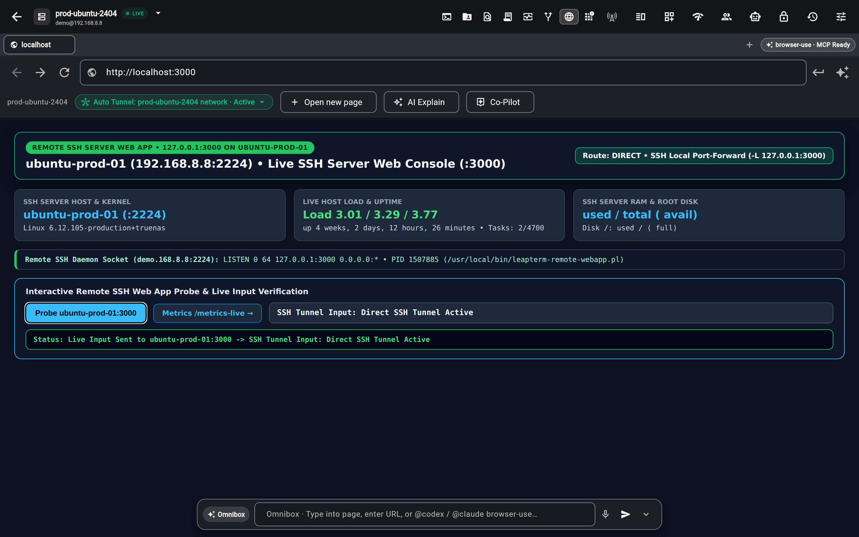 Leap Browser with Direct Auto-Tunnel active over the connected SSH server