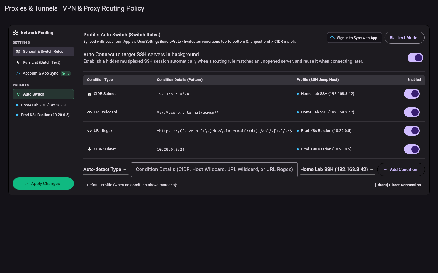 VPN and Proxy Route Strategy page showing auto-discovered private subnets and domain rules
